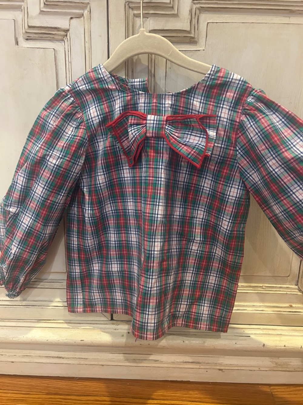 The Beaufort Bonnet Company Girls Plaid Beatrice Bow Blouse- Red, Green, White